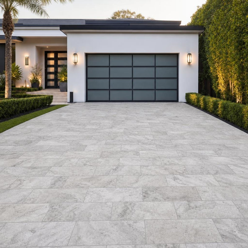 Arctic Silver 12x24x2 Tumbled Travertine Paver — Front Yard driveway