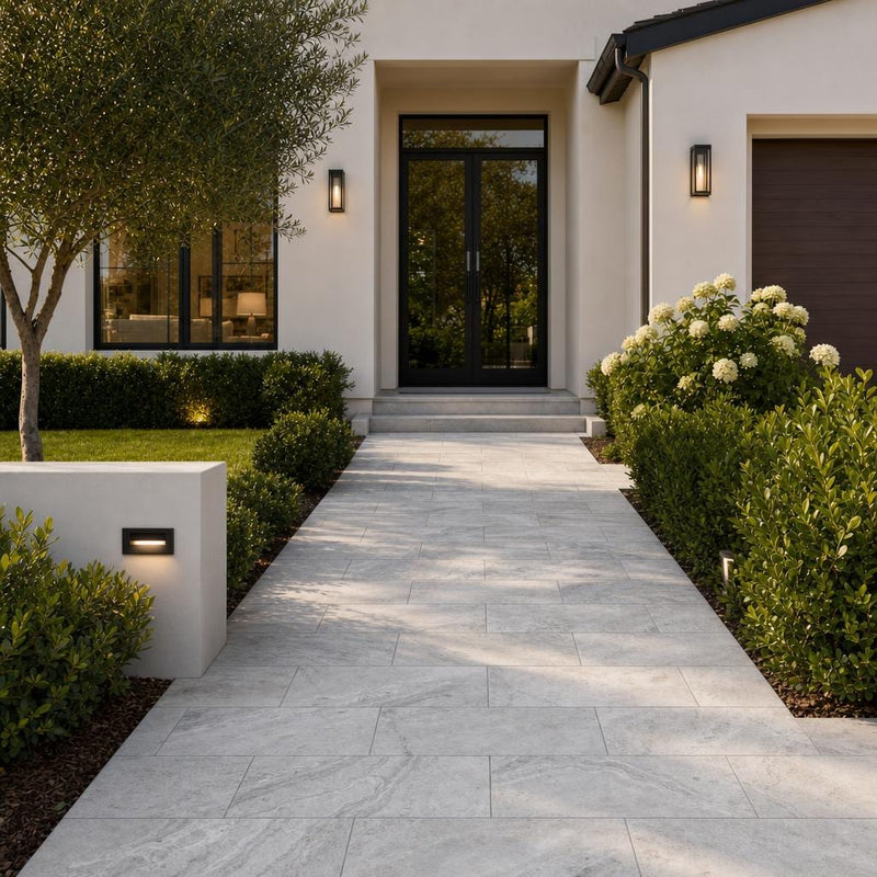 Arctic Silver 12x24x2 Tumbled Travertine Paver — Front Yard walkway
