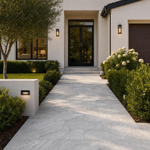Arctic Silver 12x24x2 Tumbled Travertine Paver — Front Yard walkway