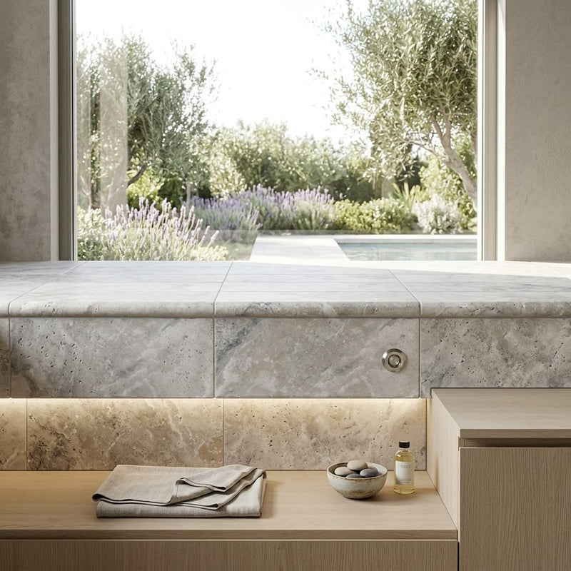 Arctic Silver 12x24x2 Tumbled Travertine Single Bullnose Pool Coping — Spa spa overhang edge