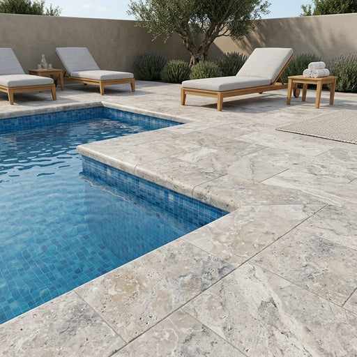Arctic Silver 12x24x2 Tumbled Travertine Single Bullnose Pool Coping — Swimming Pool pool edge drop-face coping