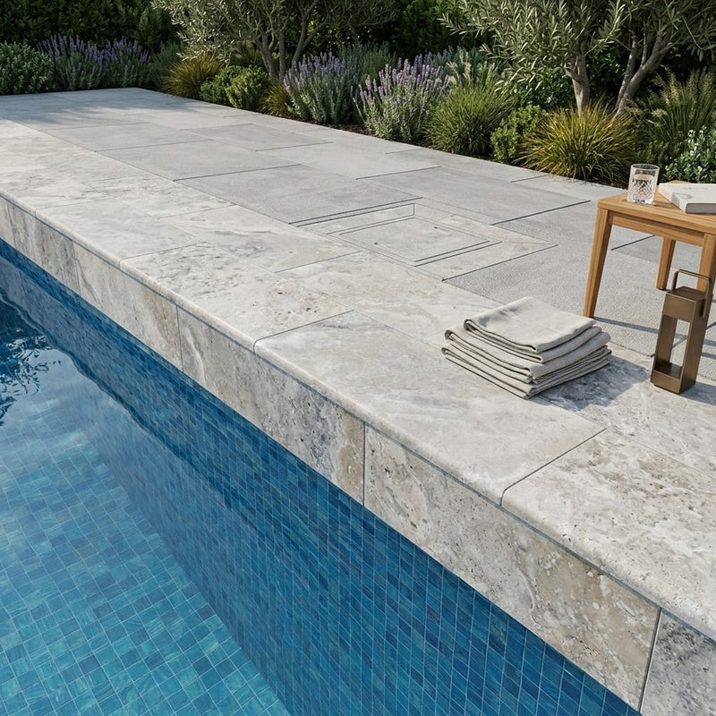 Arctic Silver 12x24x2 Tumbled Travertine Single Bullnose Pool Coping — Swimming Pool remodel pool edge