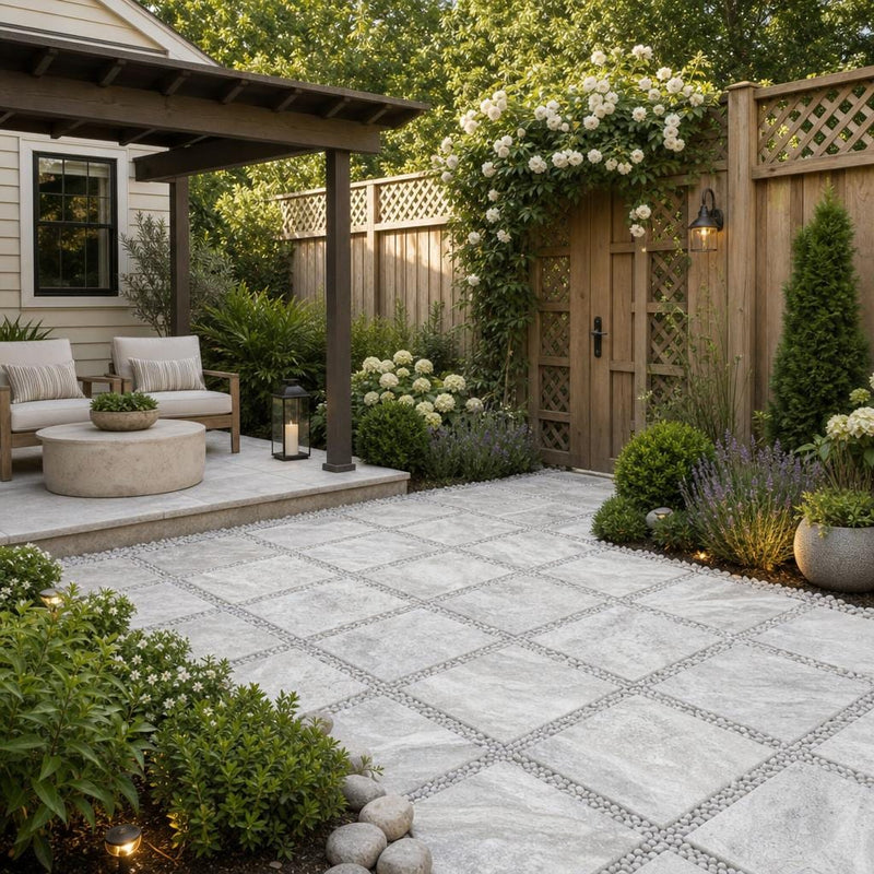 Arctic Silver 16x16 Tumbled Travertine Paver — Backyard patio