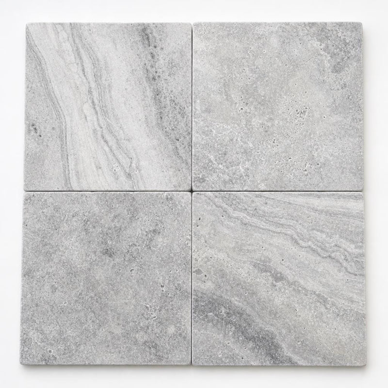 Arctic Silver 16x16 Tumbled Travertine Paver close-up