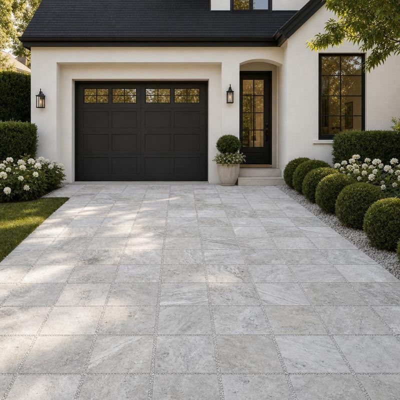 Arctic Silver 16x16 Tumbled Travertine Paver — Front Yard driveway