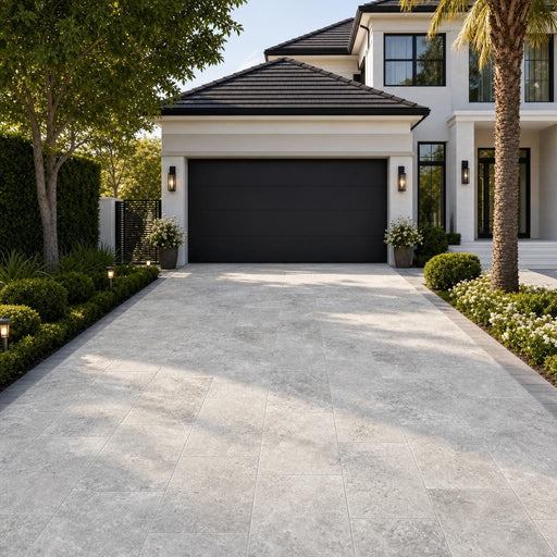 Arctic Silver 16x24 Tumbled Travertine Paver — Front Yard driveway