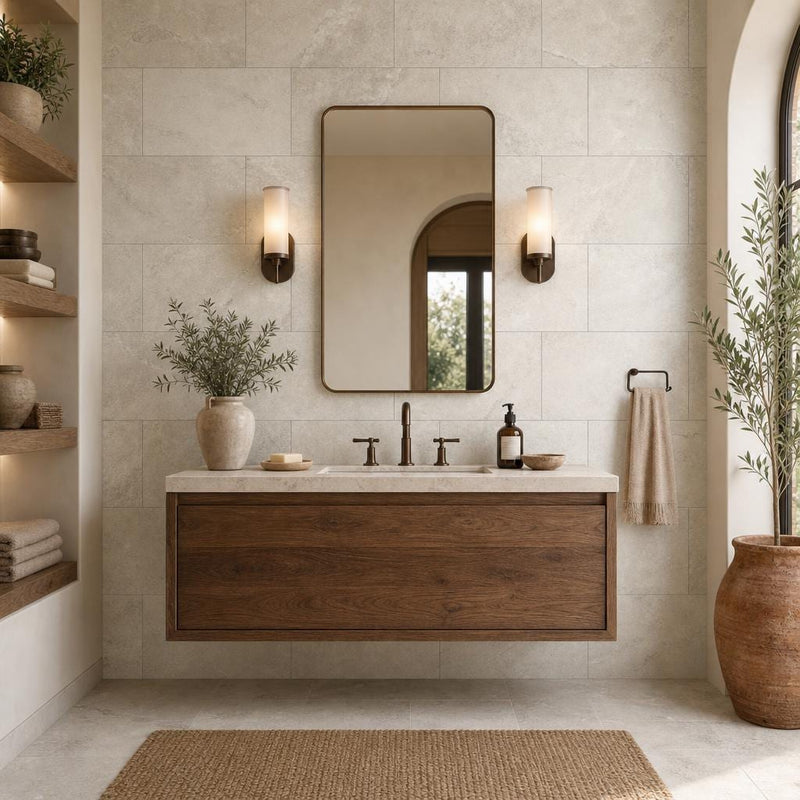 Arctic Silver 16x24 Tumbled Travertine Tile — Bathroom vanity wall