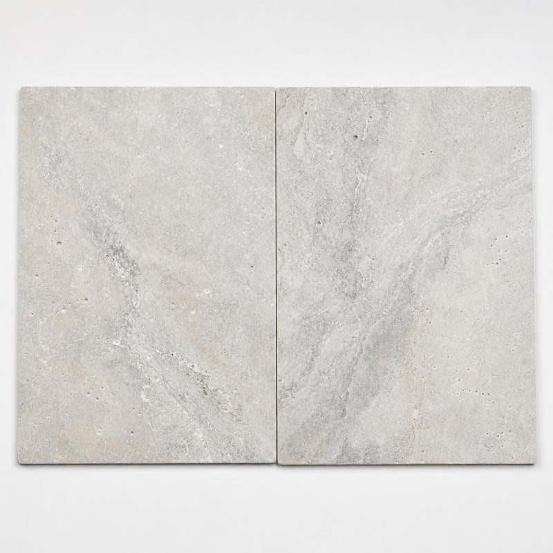 Arctic Silver 16x24 Tumbled Travertine Tile close-up