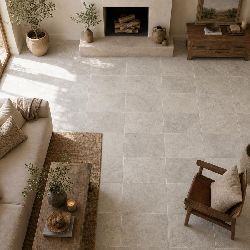 Arctic Silver 16x24 Tumbled Travertine Tile — Living Room floor