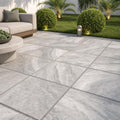 Arctic Silver 24x24 Tumbled Travertine Paver — Backyard patio