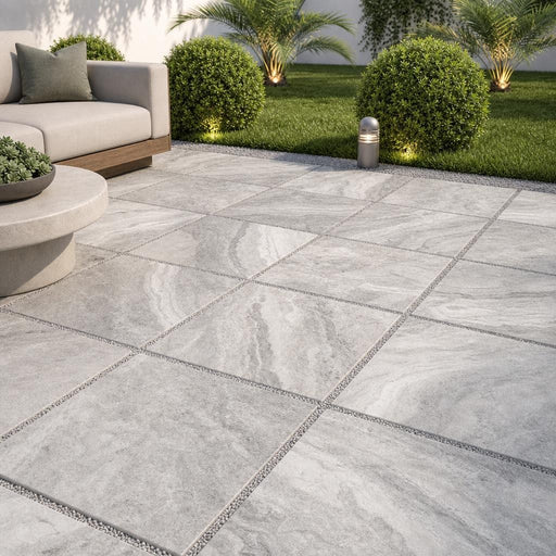 Arctic Silver 24x24 Tumbled Travertine Paver — Backyard patio