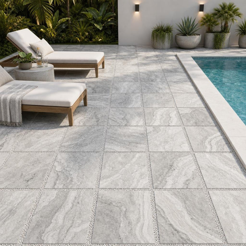 Arctic Silver 24x24 Tumbled Travertine Paver — Backyard pool deck