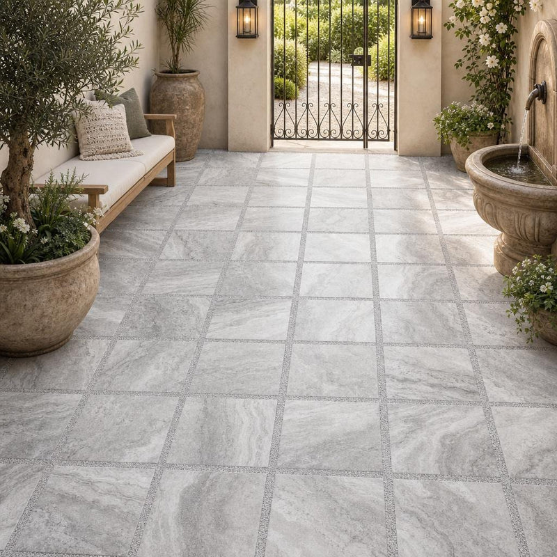 Arctic Silver 24x24 Tumbled Travertine Paver — Courtyard paving