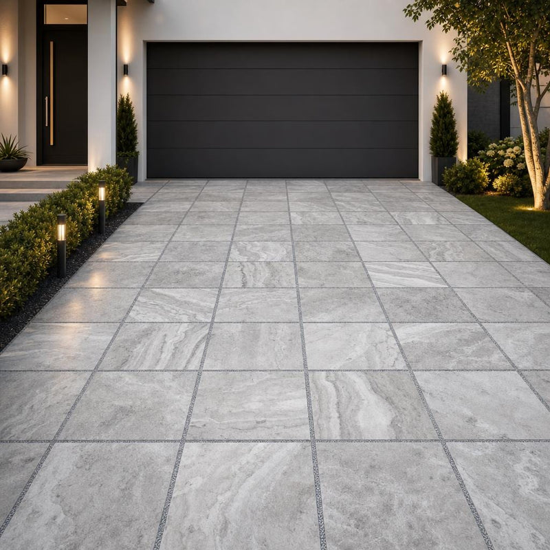 Arctic Silver 24x24 Tumbled Travertine Paver — Front Yard driveway