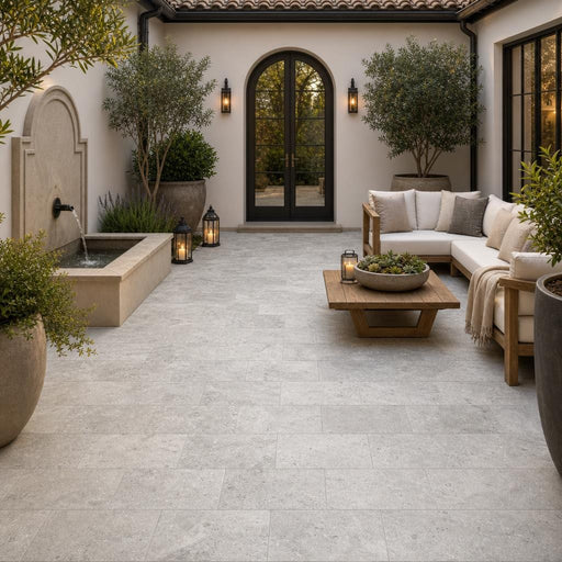 Arctic Silver 6x12 Tumbled Travertine Paver — Courtyard paving