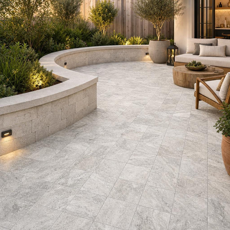 Arctic Silver 6x6 Tumbled Travertine Paver — Backyard patio