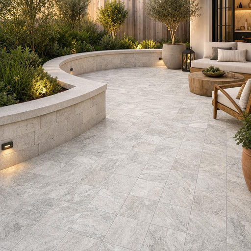 Arctic Silver 6x6 Tumbled Travertine Paver — Backyard patio