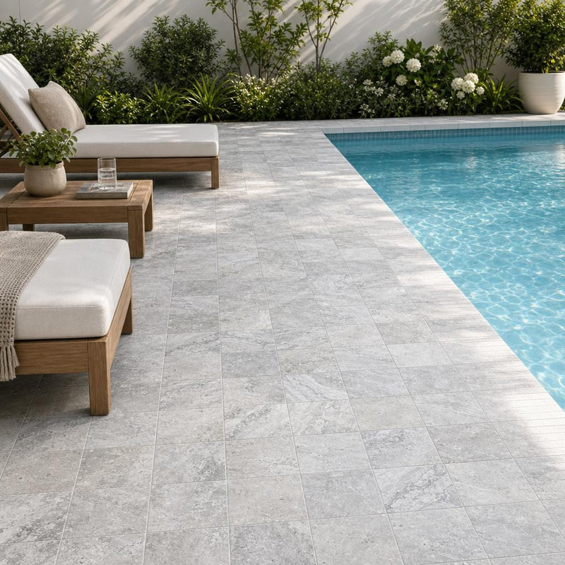 Arctic Silver 6x6 Tumbled Travertine Paver — Backyard pool deck