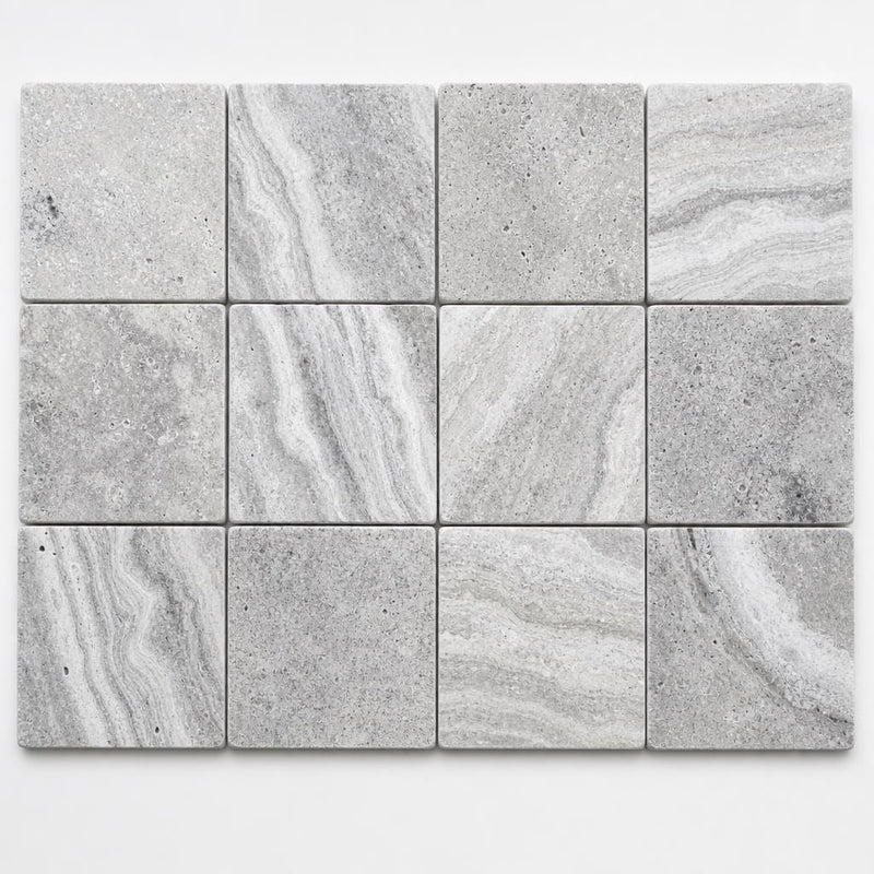 Arctic Silver 6x6 Tumbled Travertine Paver close-up