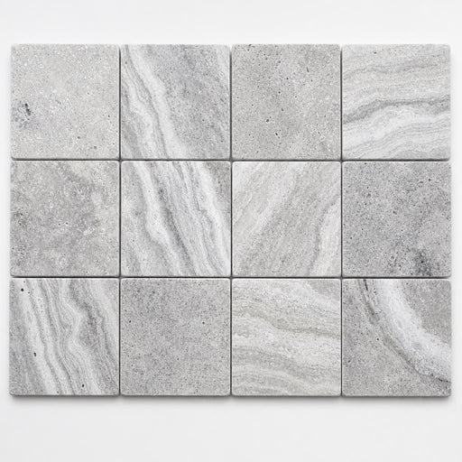 Arctic Silver 6x6 Tumbled Travertine Paver close-up