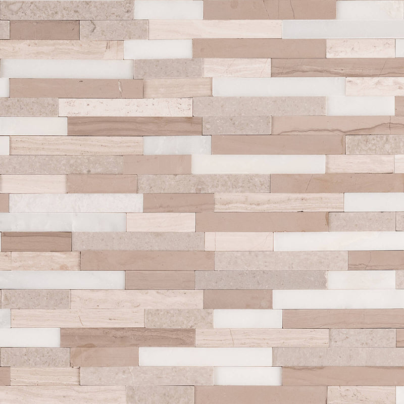 Arctic Storm interlocking 3D peel and stick honed marble mosaic tile with white, beige and taupe rectangular stone strips.