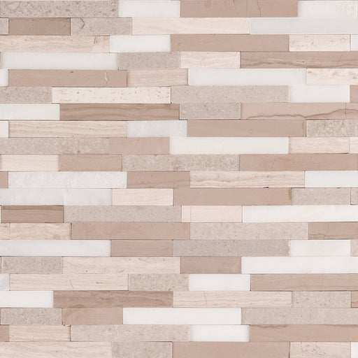 Arctic Storm interlocking 3D peel and stick honed marble mosaic tile with white, beige and taupe rectangular stone strips.
