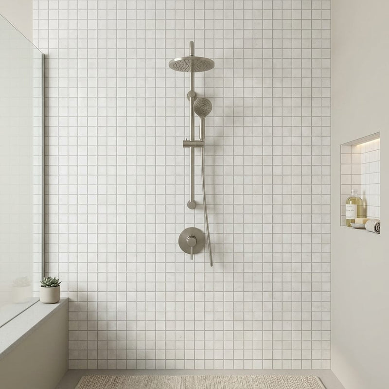 Area 51 White 2x2 12x12 Matte Stone Mosaic — Bathroom shower wall