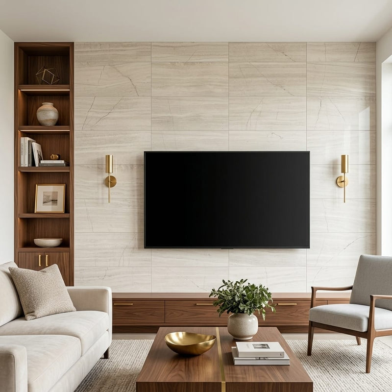 Ashen Grey 24x12 Honed Marble Tile 12x24 — Living Room feature wall