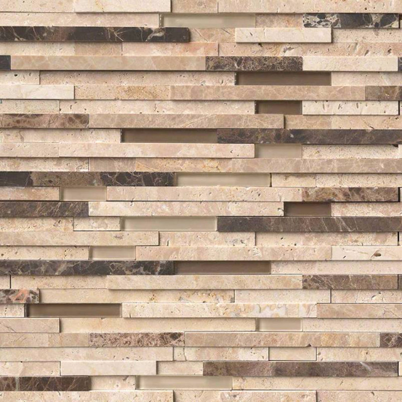 Ashlar Rock mosaic tile with interlocking cream and brown stone strips and muted olive glass accents.