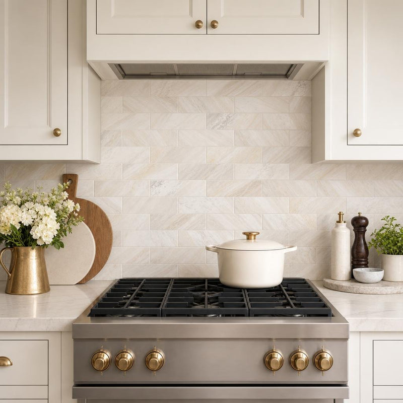Athena Gold 4x12 Honed Marble Tile — Kitchen backsplash
