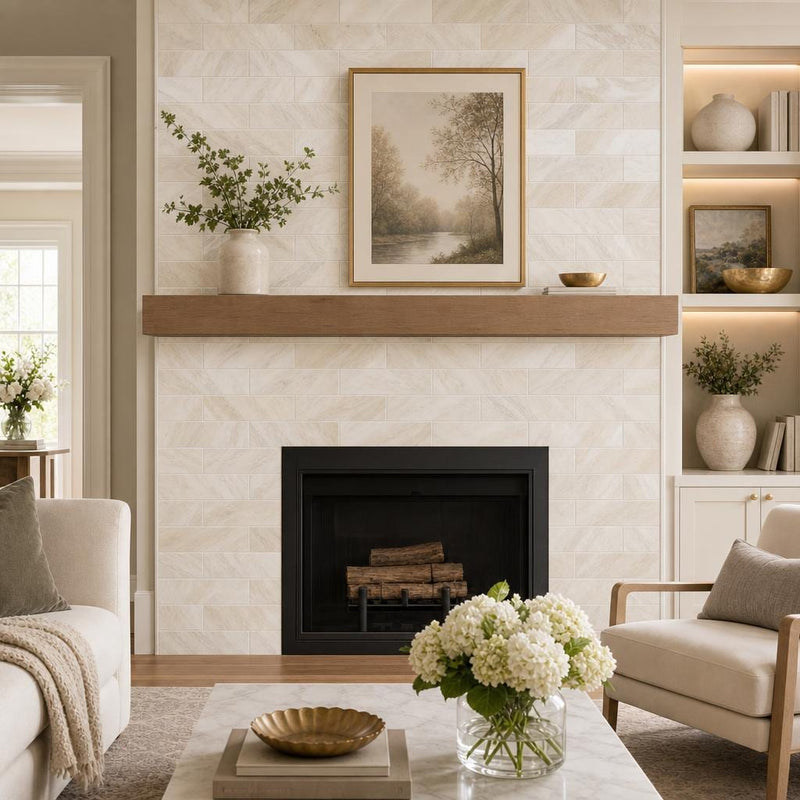 Athena Gold 4x12 Honed Marble Tile — Living Room fireplace surround