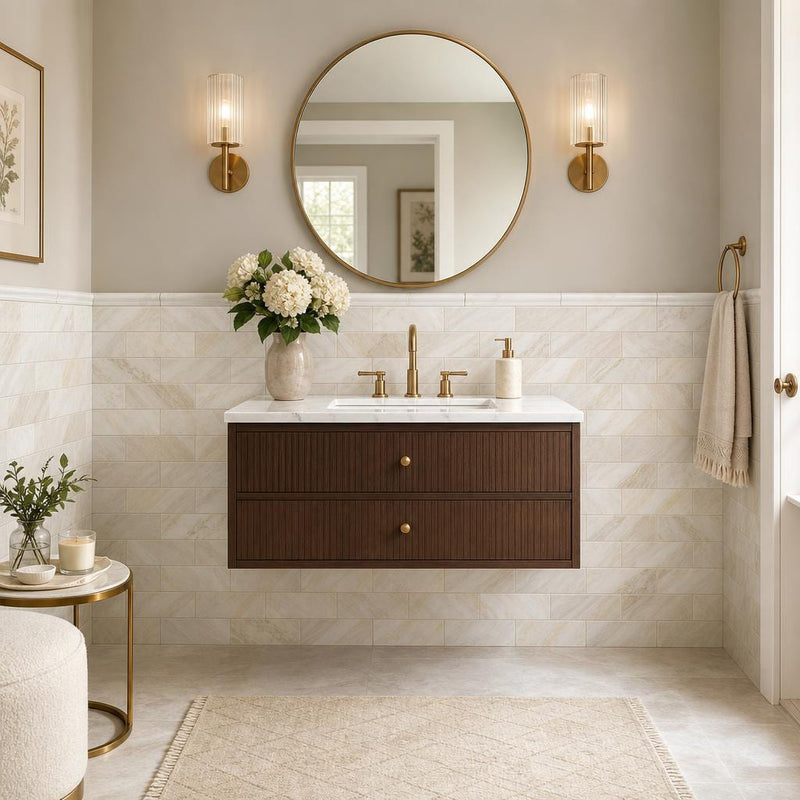 Athena Gold 4x12 Honed Marble Tile — Powder Room wainscot