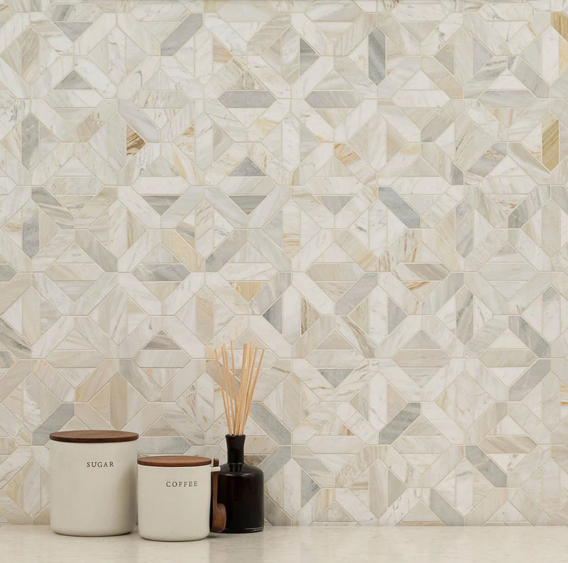 Athena Gold Geometrica Pattern Honed Marble Mosaic Tile