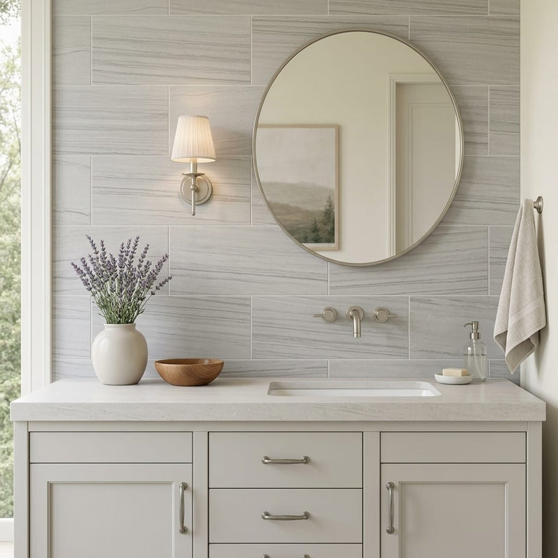 Athens Grey Honed 12x24 Limestone Tile — Bathroom vanity wall