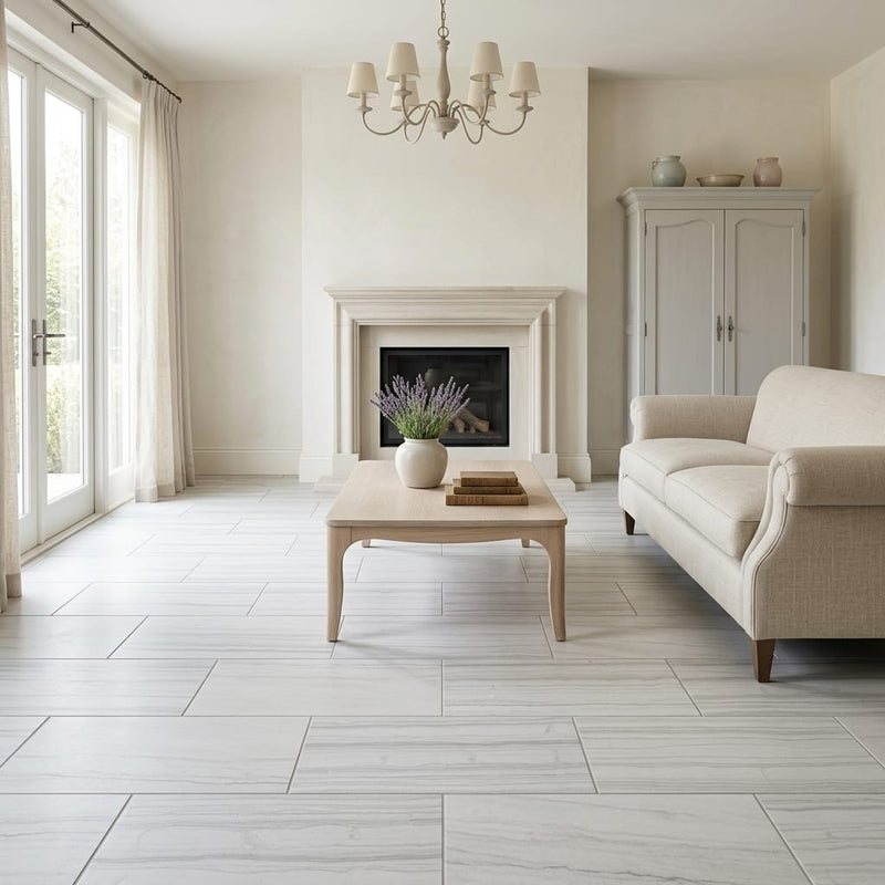 Athens Grey Honed 12x24 Limestone Tile — Living Room floor