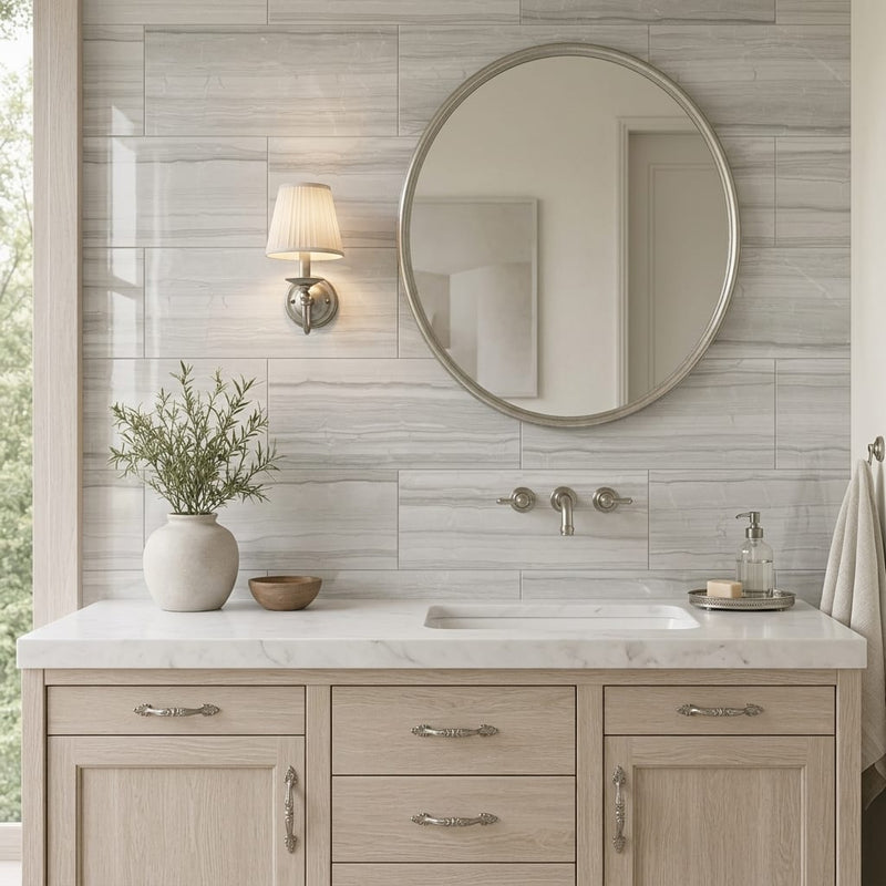 Athens Grey Polished 12x24 Limestone Tile — Bathroom vanity wall