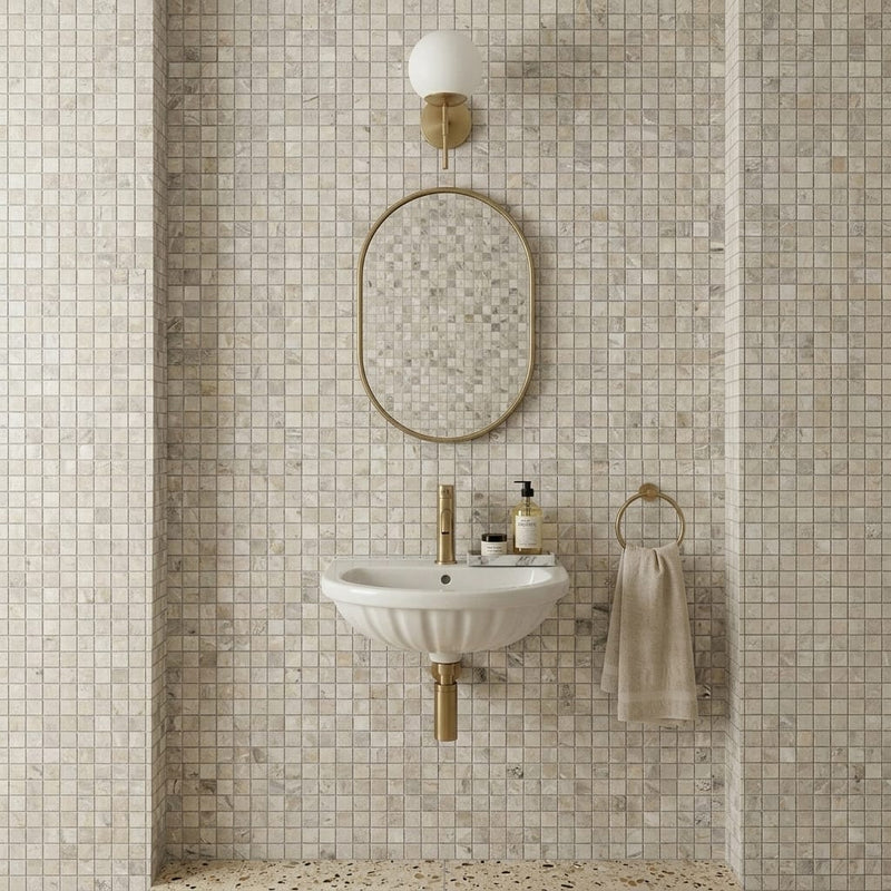 Atlantic Gray Marble 1x1 Polished/Honed Mosaic — Powder Room wall