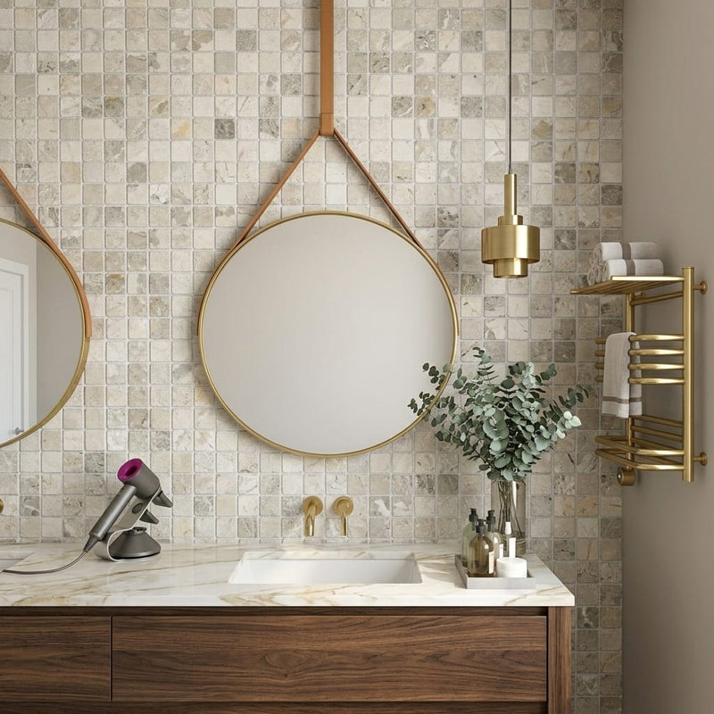 Atlantic Gray Marble 1x1 Tumbled Mosaic — Bathroom shower wall