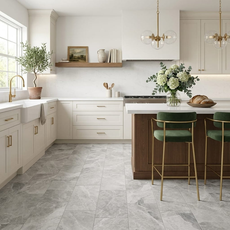 Atlantic Gray Marble 12x24 Polished/Honed Tile — Kitchen floor