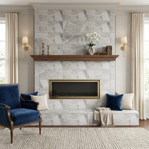 Atlantic Gray Marble 12x24 Polished/Honed Tile — Living Room fireplace surround