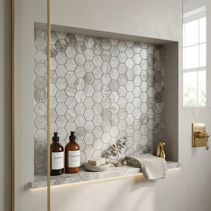 Atlantic Gray Marble 2x2 Polished/Honed Hexagon Mosaic — Bathroom niche