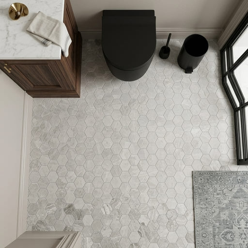 Atlantic Gray Marble 2x2 Polished/Honed Hexagon Mosaic — Powder Room floor