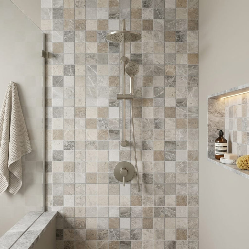 Atlantic Gray Marble 2x2 Polished/Honed Mosaic — Bathroom shower wall