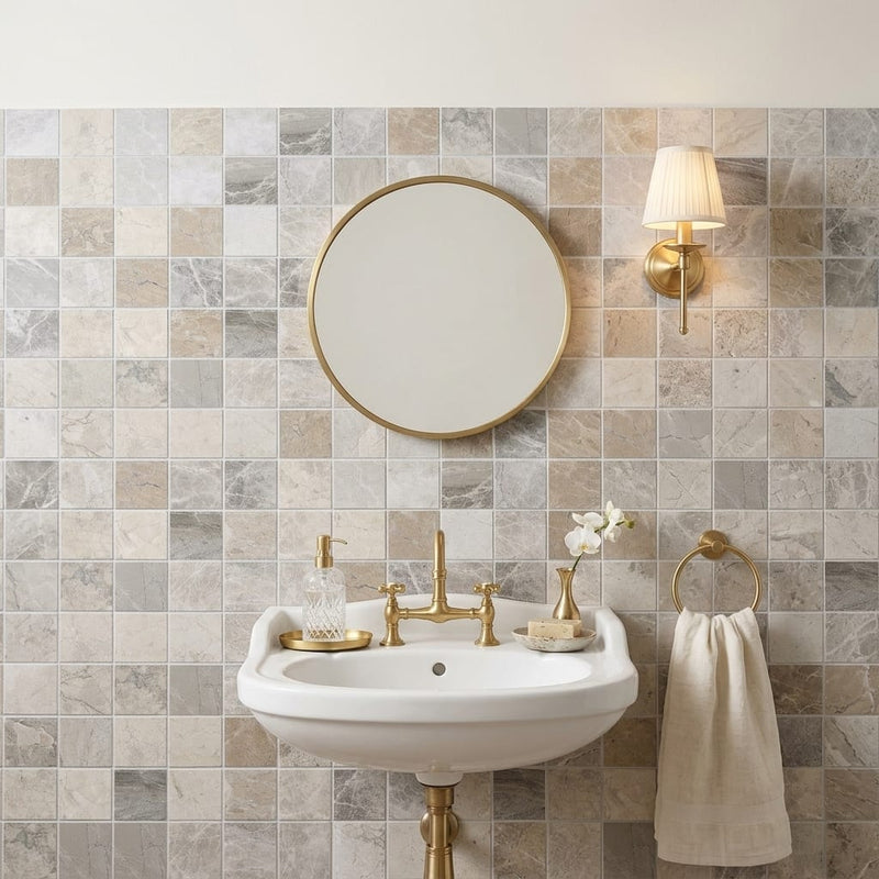 Atlantic Gray Marble 2x2 Polished/Honed Mosaic — Powder Room wall