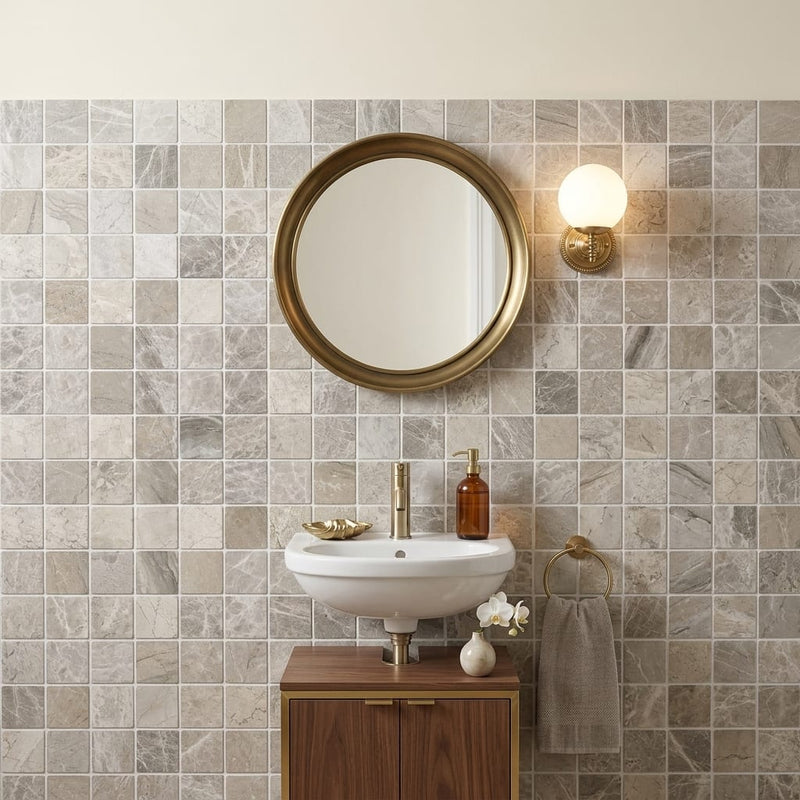 Atlantic Gray Marble 2x2 Tumbled Mosaic — Powder Room wall