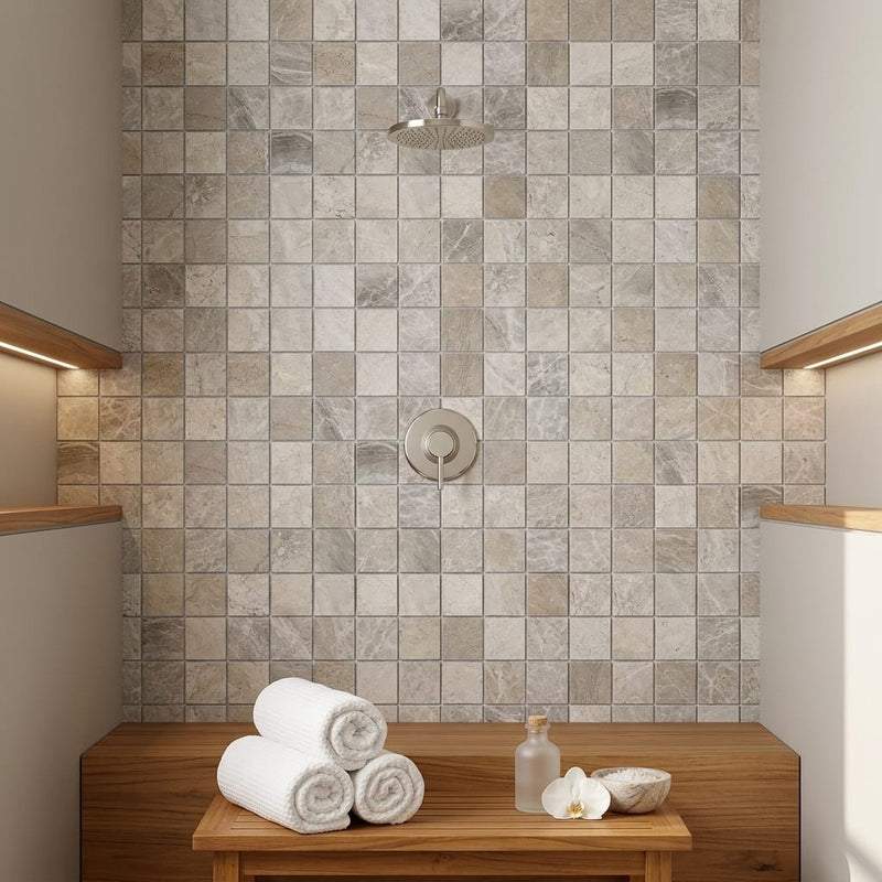 Atlantic Gray Marble 2x2 Tumbled Mosaic — Spa spa interior