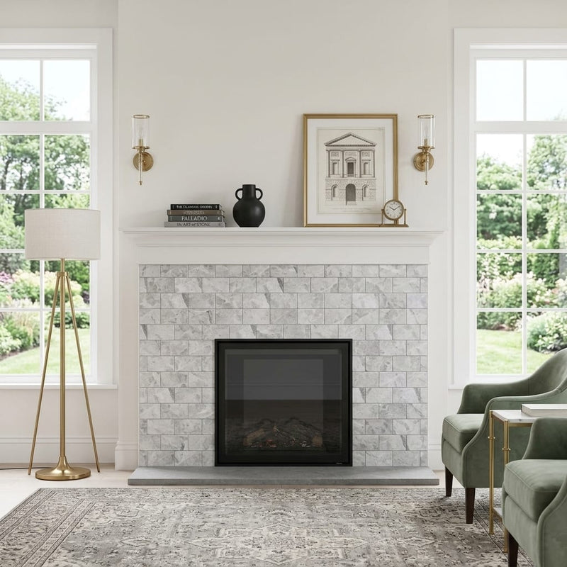 Atlantic Gray Marble 3x6 Polished/Honed Tile — Living Room fireplace surround