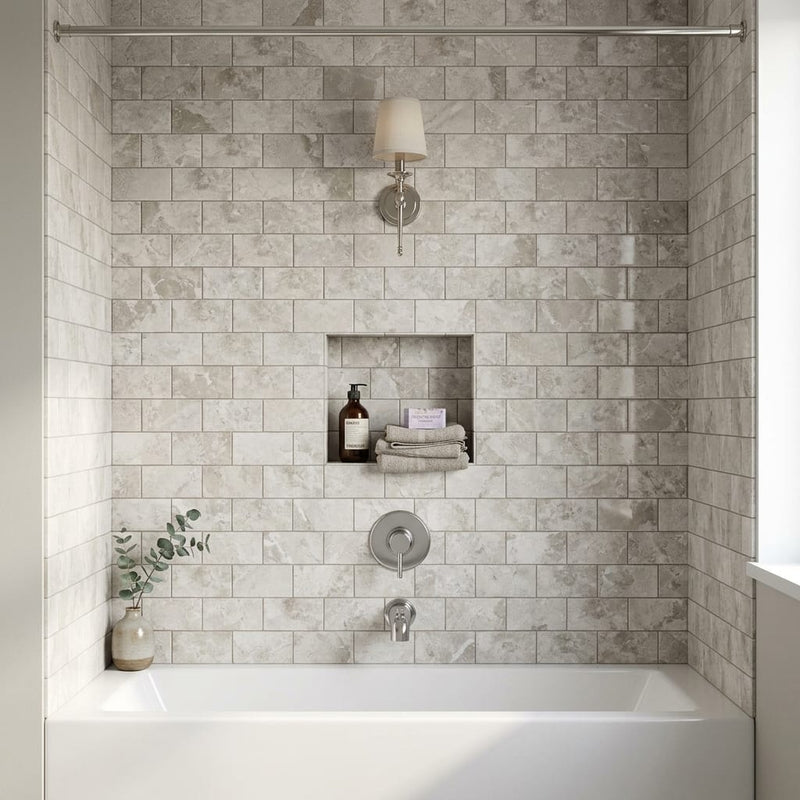 Atlantic Gray Marble 3x6 Tumbled Tile — Bathroom tub surround