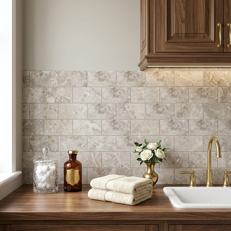 Atlantic Gray Marble 3x6 Tumbled Tile — Laundry Room backsplash
