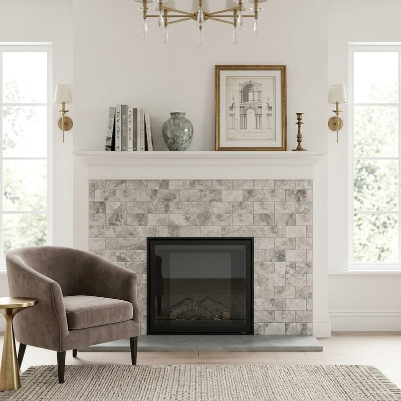 Atlantic Gray Marble 3x6 Tumbled Tile — Living Room fireplace surround